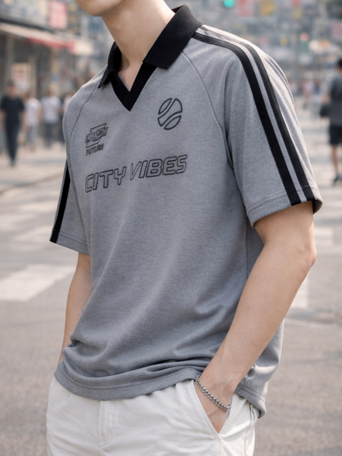 Image of Jump Cuts Printed Men Polo Neck Grey, Black T-Shirt