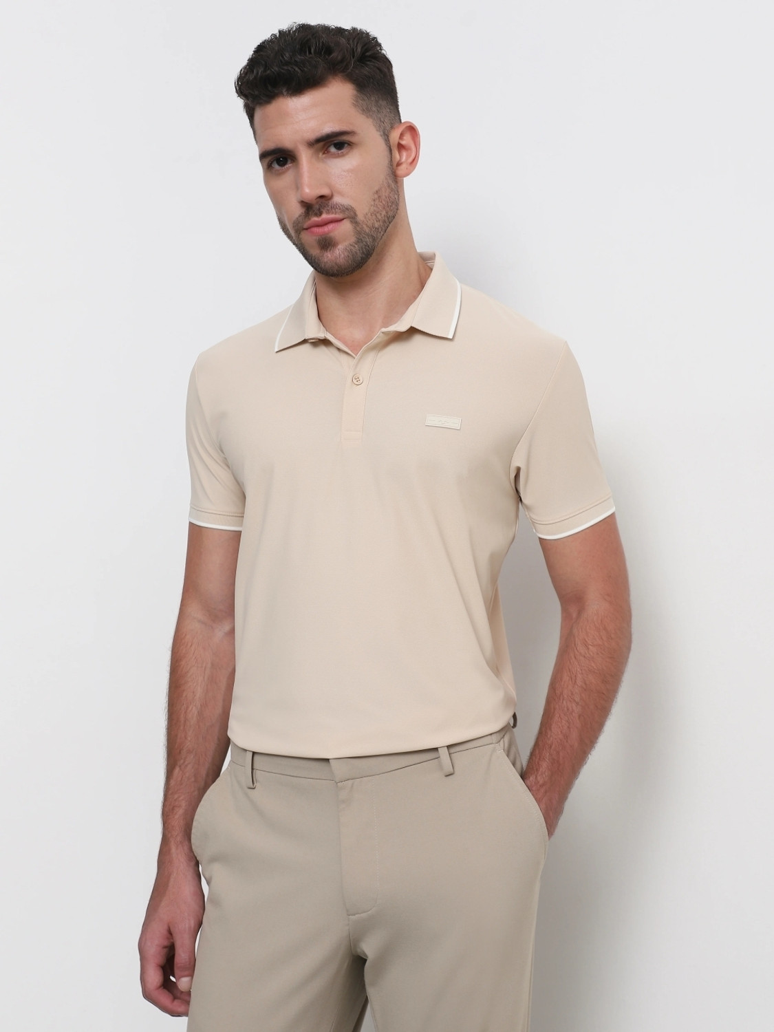 Image of MUFTI Self Design Men Polo Neck Beige T-Shirt