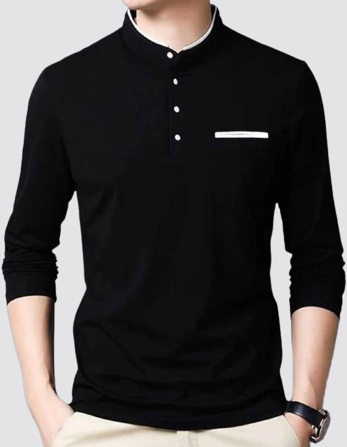 TEEMEX Solid Men Mandarin Collar Black T-Shirt