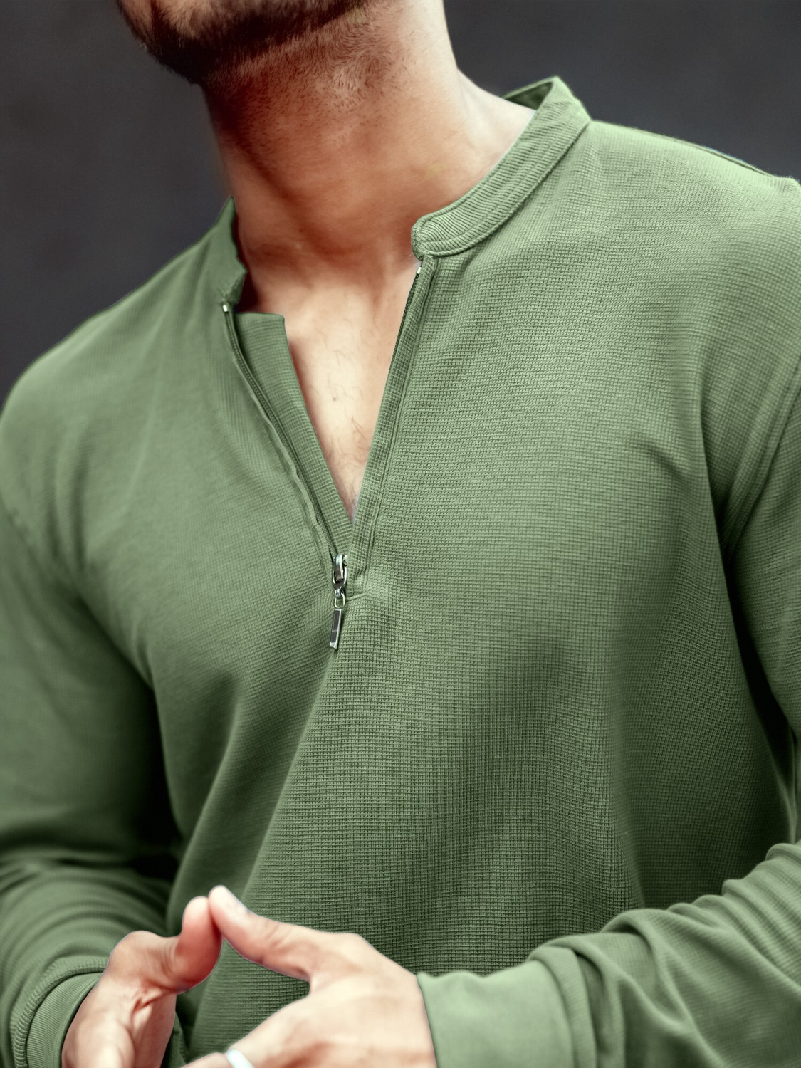 Image of MANIAC Solid Men Henley Neck Green T-Shirt