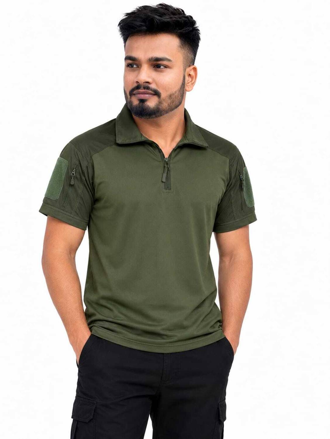 REAL DAD Solid Men Zip Neck Dark Green T-Shirt