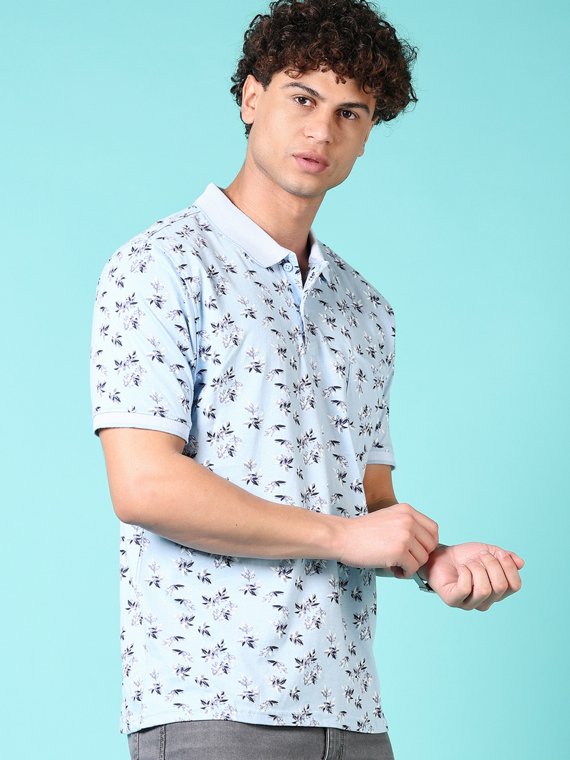 Image of V-MART Printed Men Polo Neck Blue T-Shirt