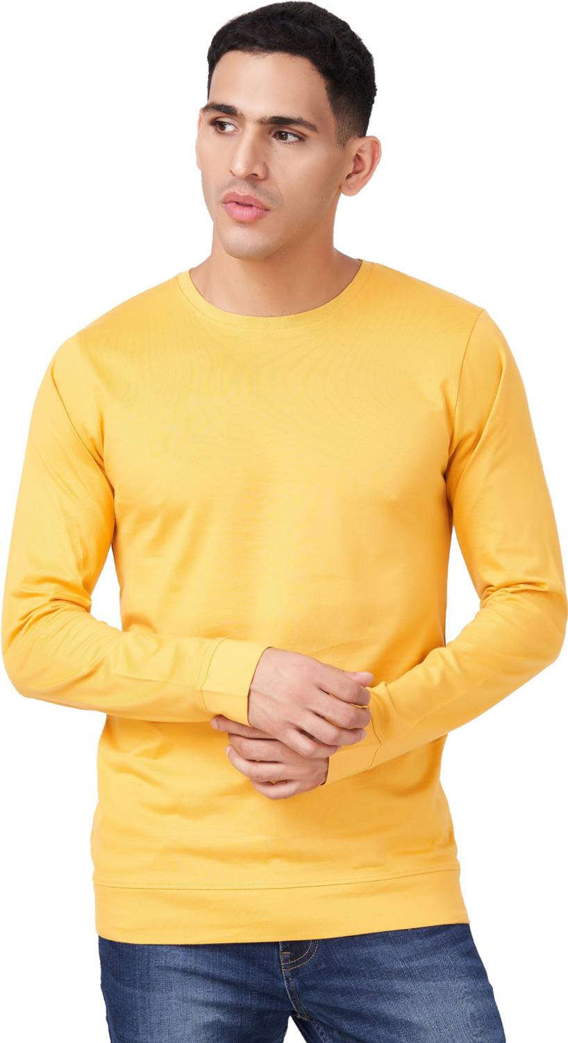 Zulements Men Solid Round Neck Cotton Blend Gold T-Shirt