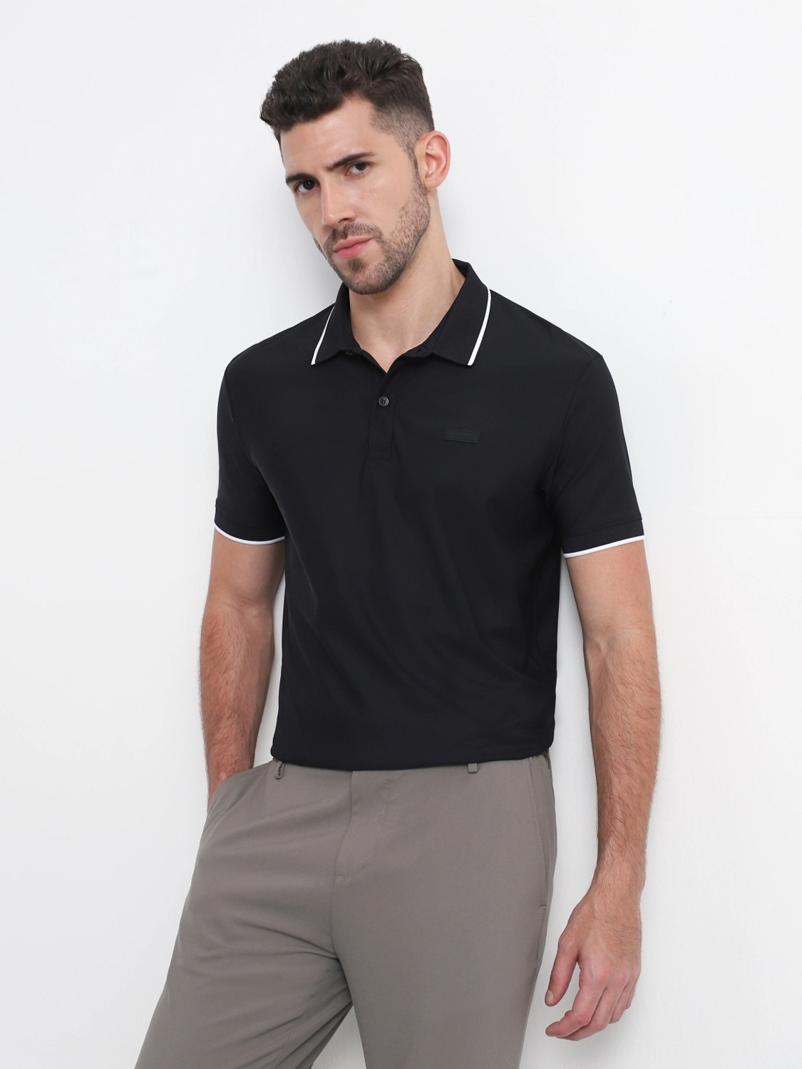 Image of MUFTI Self Design Men Polo Neck Black T-Shirt