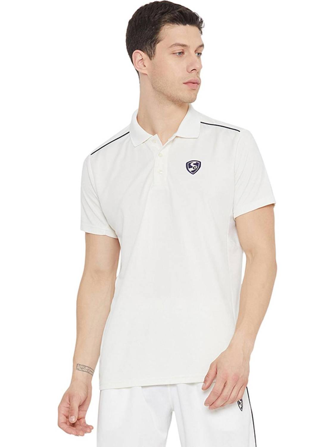 SG Solid Men Polo Neck White T-Shirt - Image 1