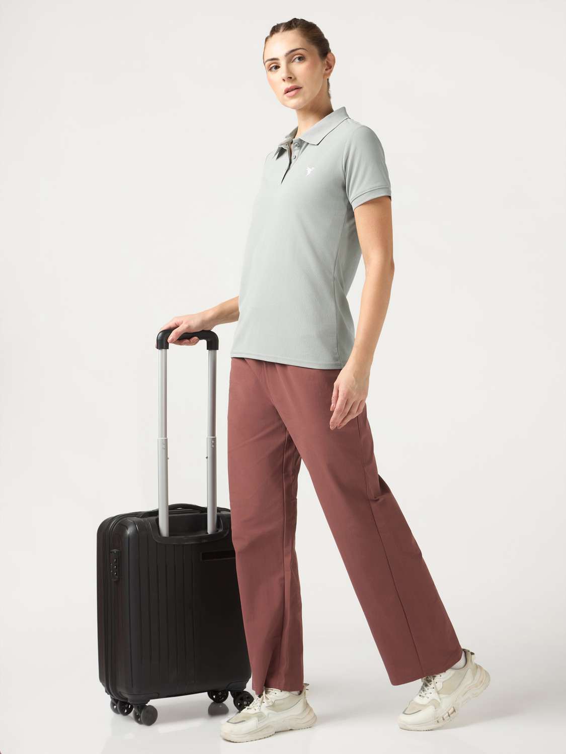 Image of TECHNOSPORT Solid Women Polo Neck Grey T-Shirt