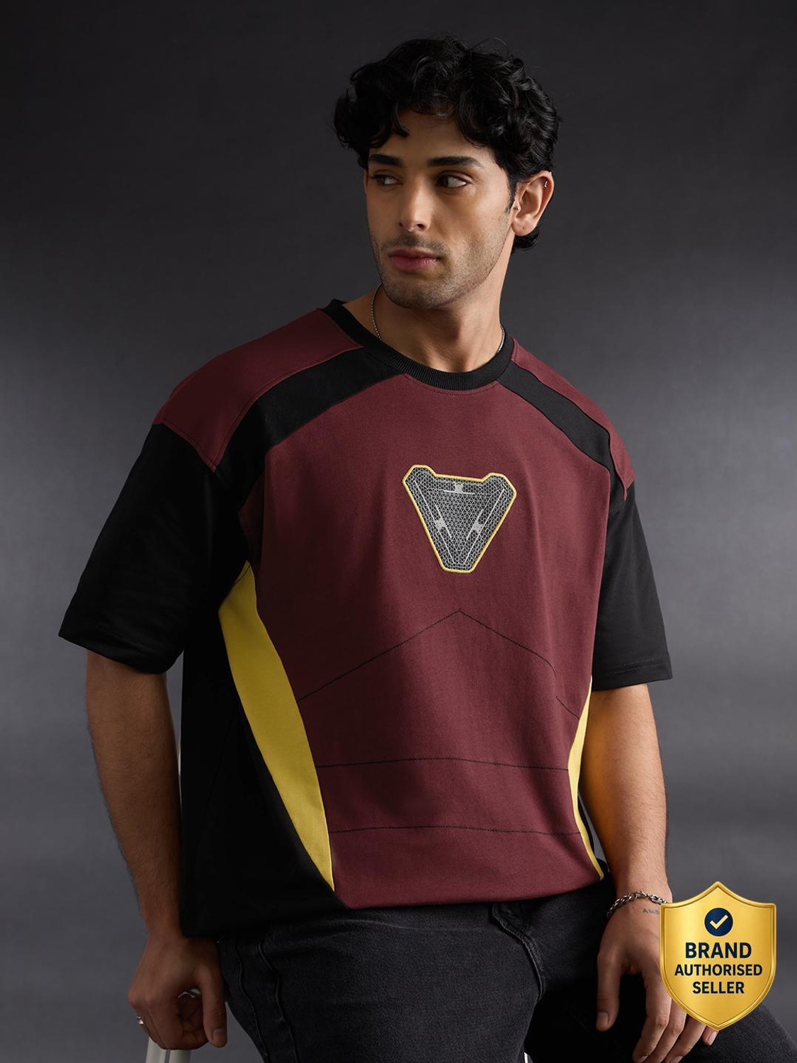 Image of The Souled Store Embroidered Men Round Neck Maroon T-Shirt