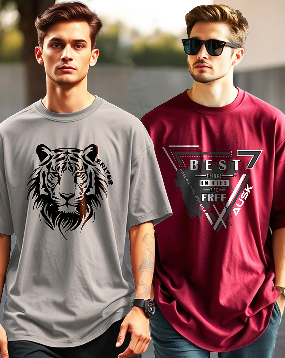 Image of AOOSH Graphic Print Men Round Neck Maroon, Grey T-Shirt