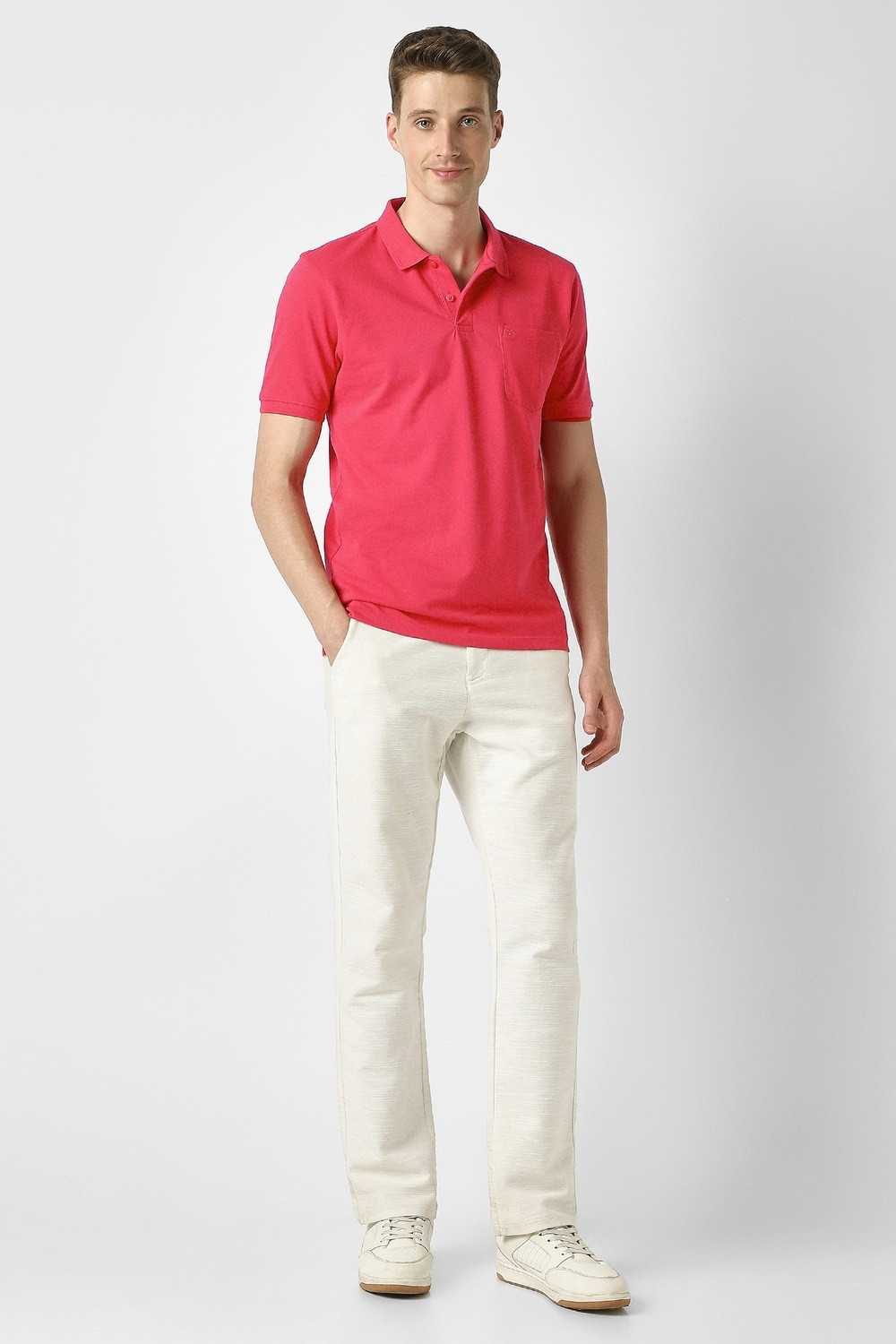 Image of PETER ENGLAND Solid Men Polo Neck Pink T-Shirt