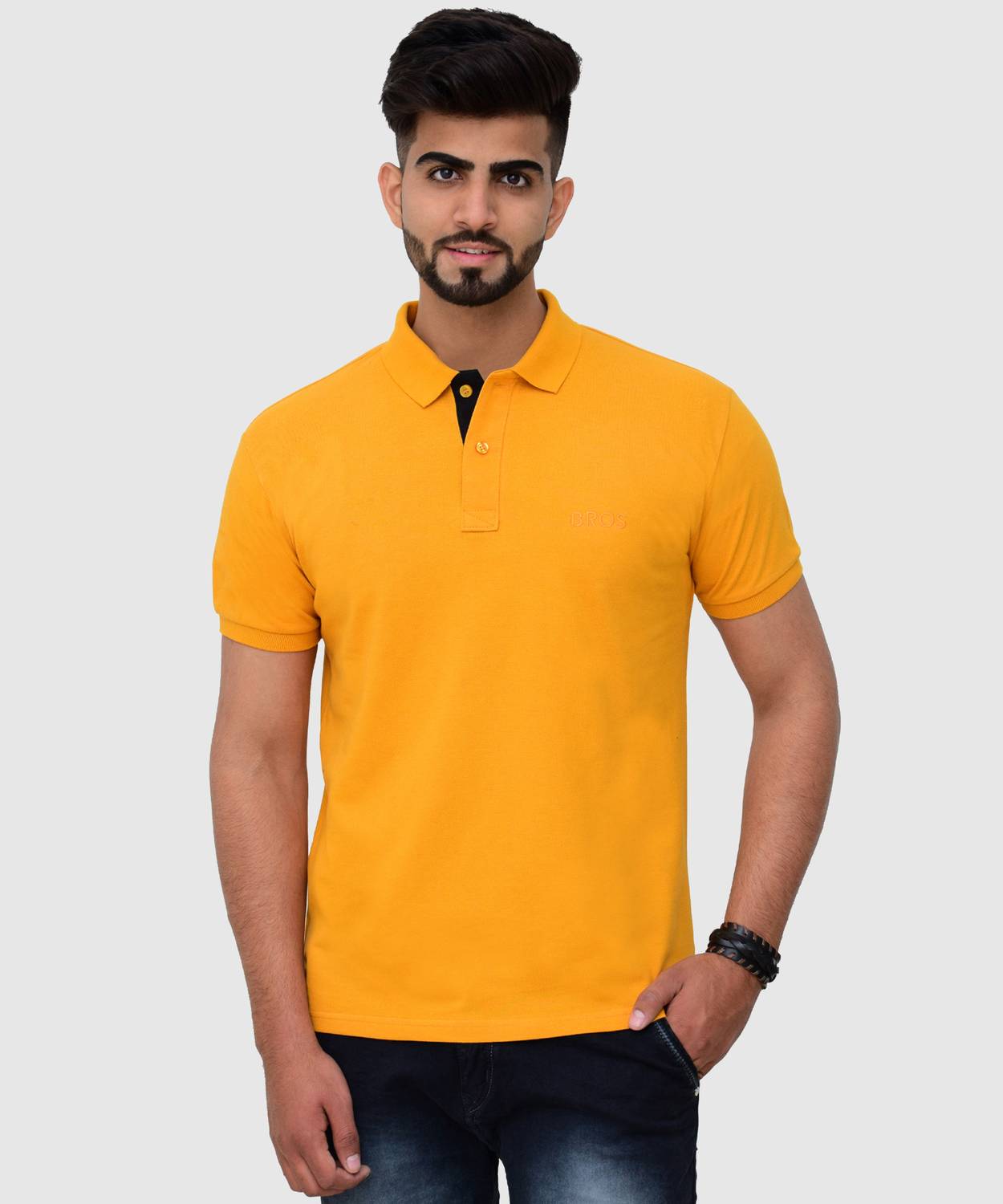 3BROS Men Solid Polo Neck Cotton Blend (220 gsm) Gold T-Shirt