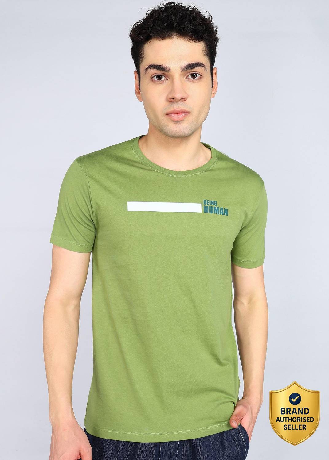 BEING HUMAN Men Solid Crew Neck Pure Cotton Green T-Shirt