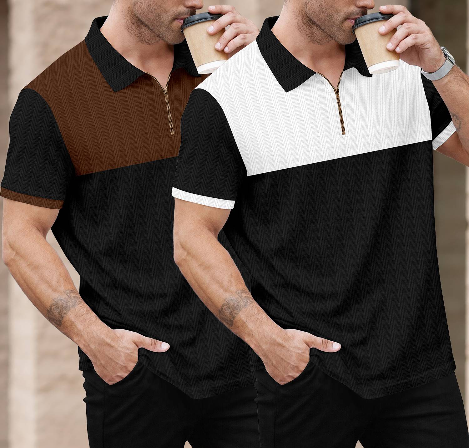 KAJARU Colorblock Men Polo Neck Brown T-Shirt Pack of 2 - Image 3