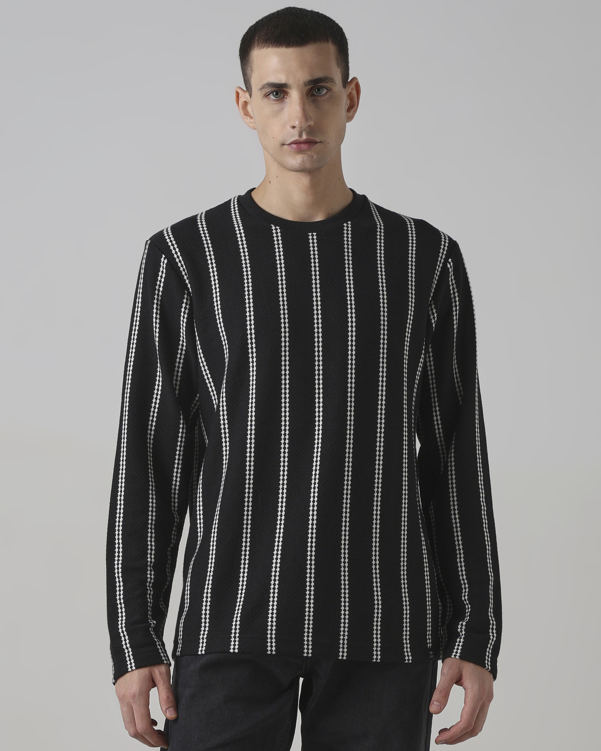 Image of MUFTI Striped Men Crew Neck Black T-Shirt