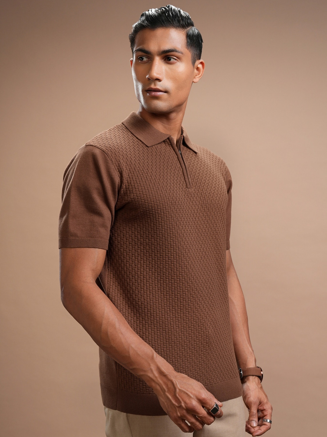 Image of HIGHLANDER Self Design Men Polo Neck Brown T-Shirt
