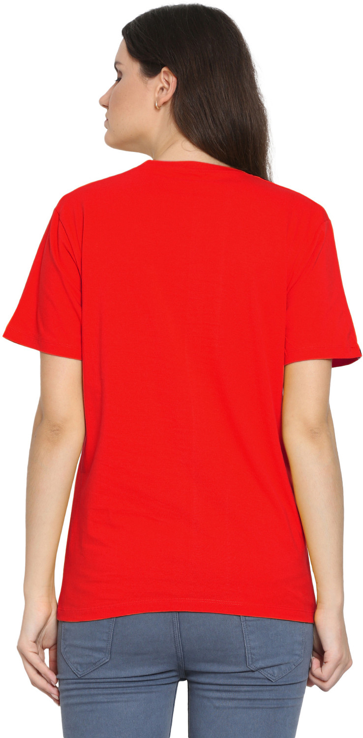 Image of YouthPoi Solid Women Round Neck Black, Red T-Shirt