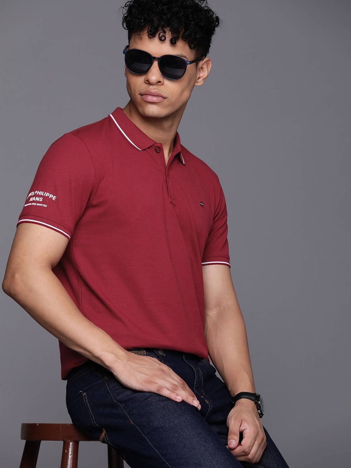 Louis Philippe Jeans Slim Fit Casual Men Solid Polo Neck Pure Cot