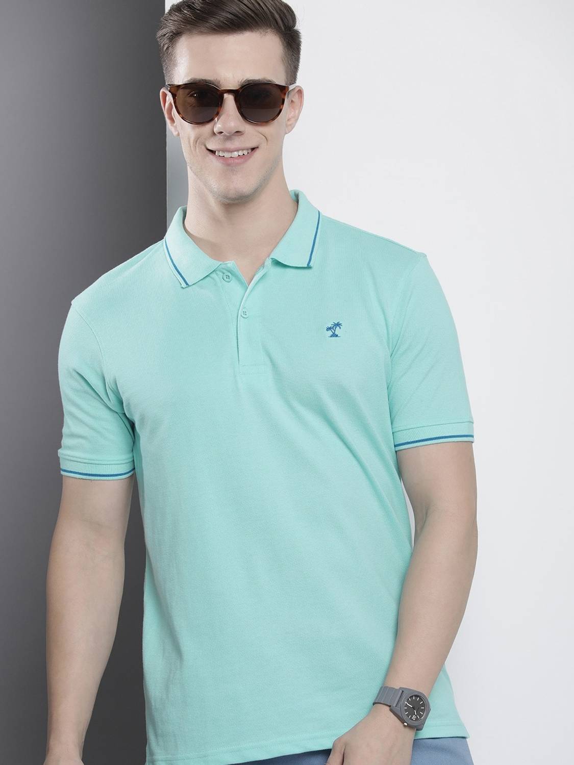 The Indian Garage Co. Men Solid Polo Neck Cotton Blend Blue T-Shi