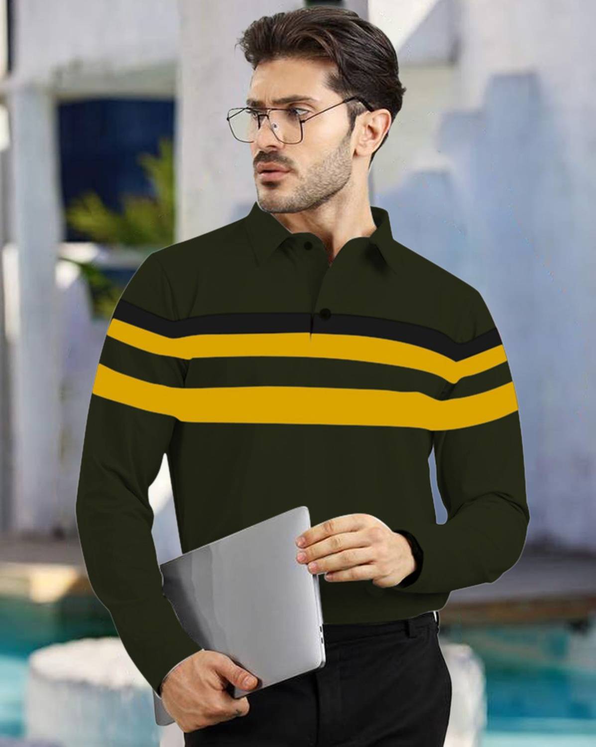 AOOSH Colorblock Men Polo Neck Beige T-Shirt