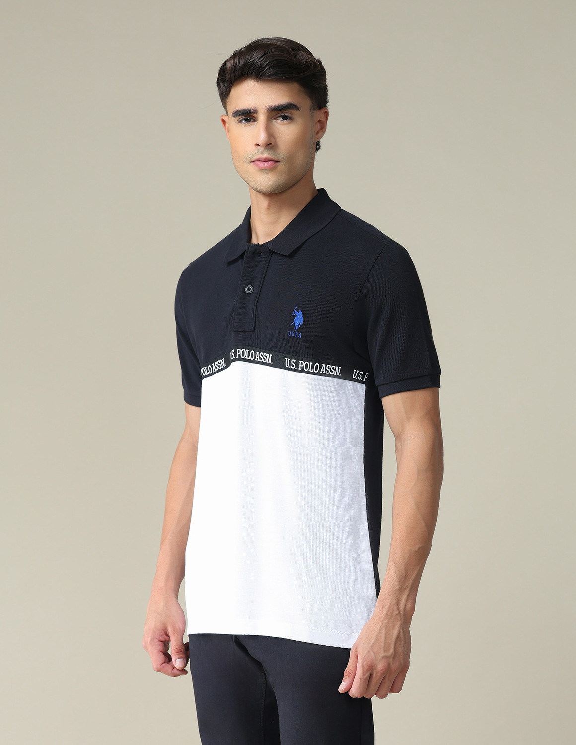 Image of U.S. POLO ASSN. Colorblock Men Polo Neck White, Black T-Shirt