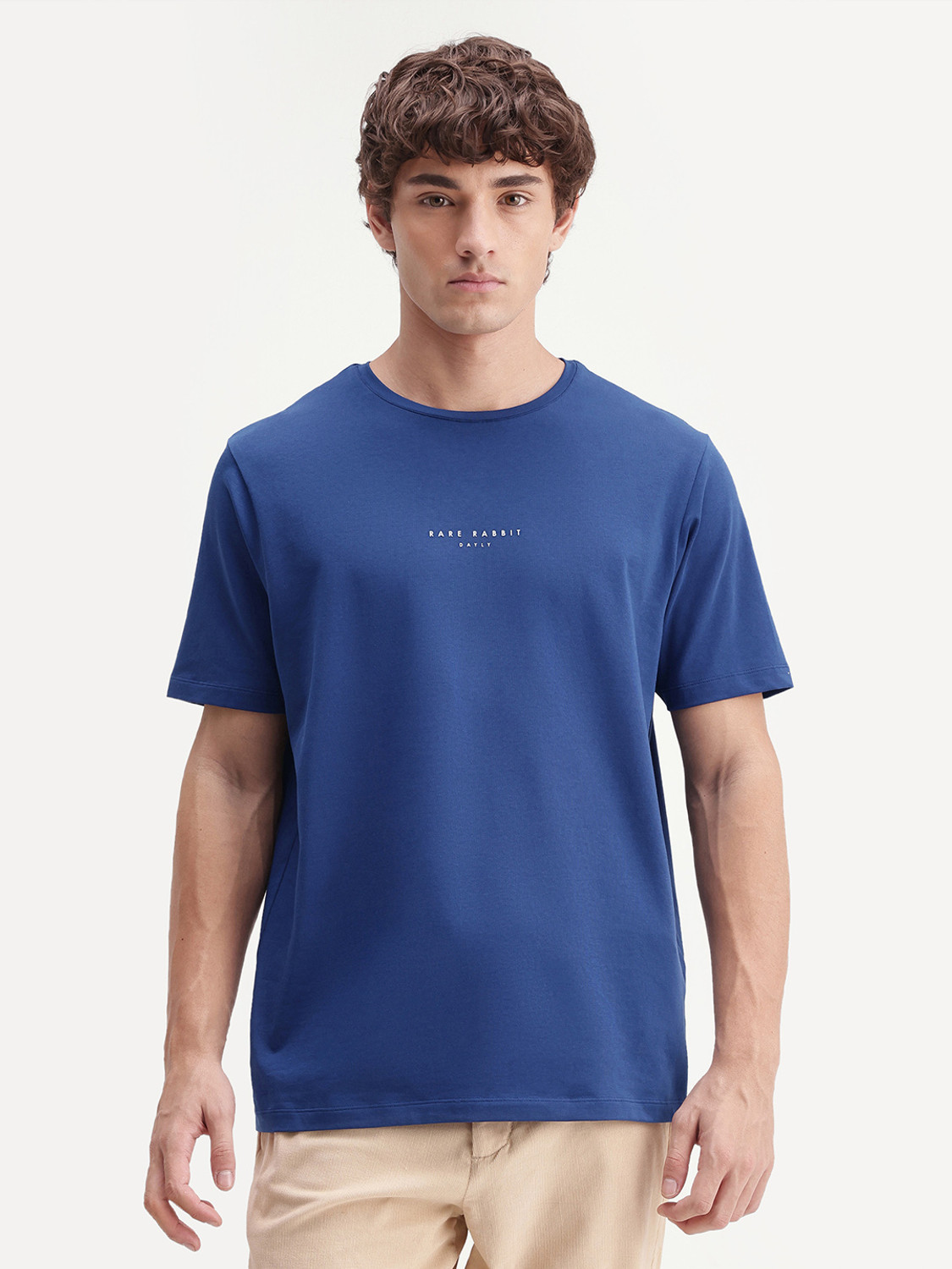 Image of RARE RABBIT Solid Men Crew Neck Blue T-Shirt