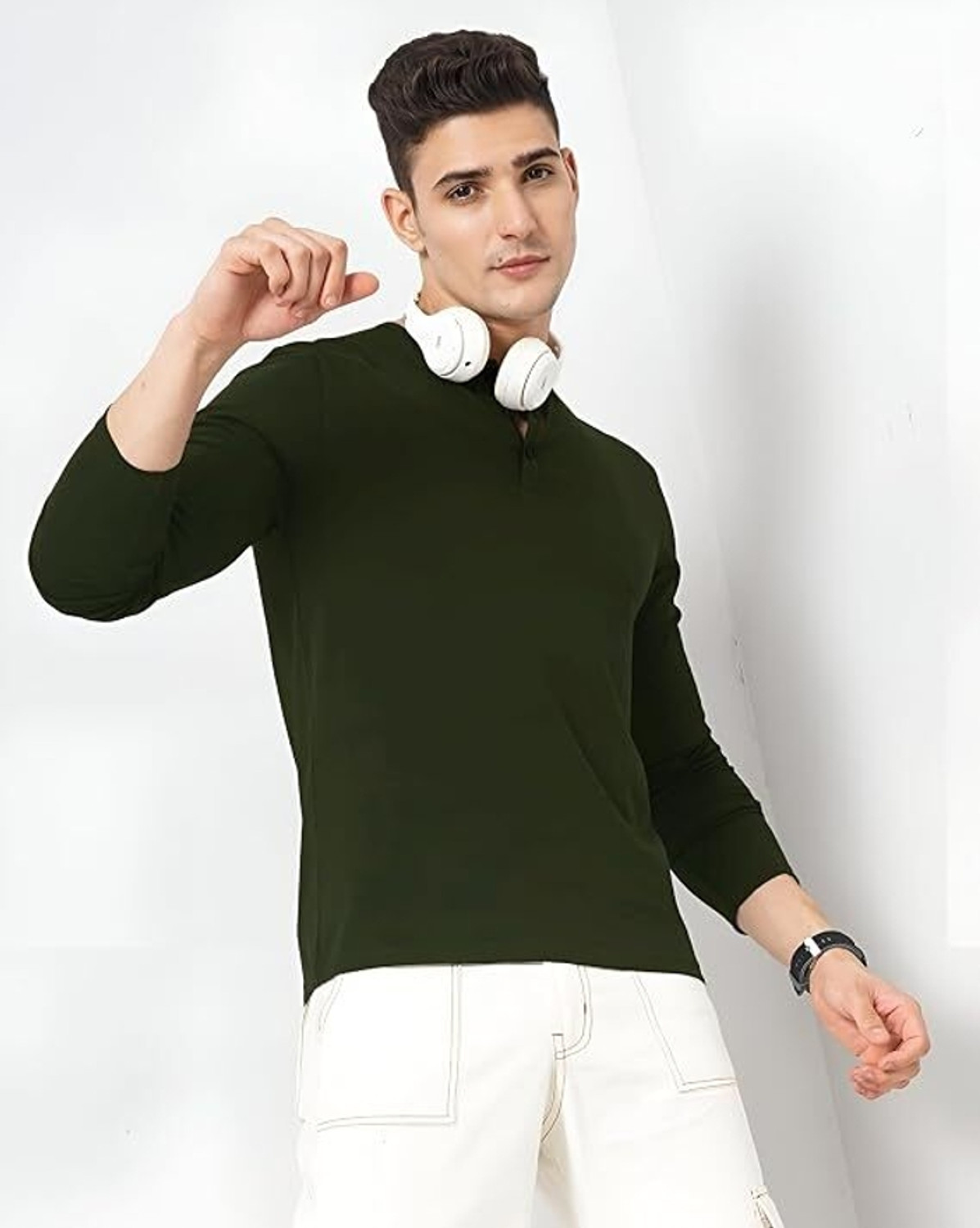 Image of LazyChunks Solid Men Henley Neck Dark Green T-Shirt