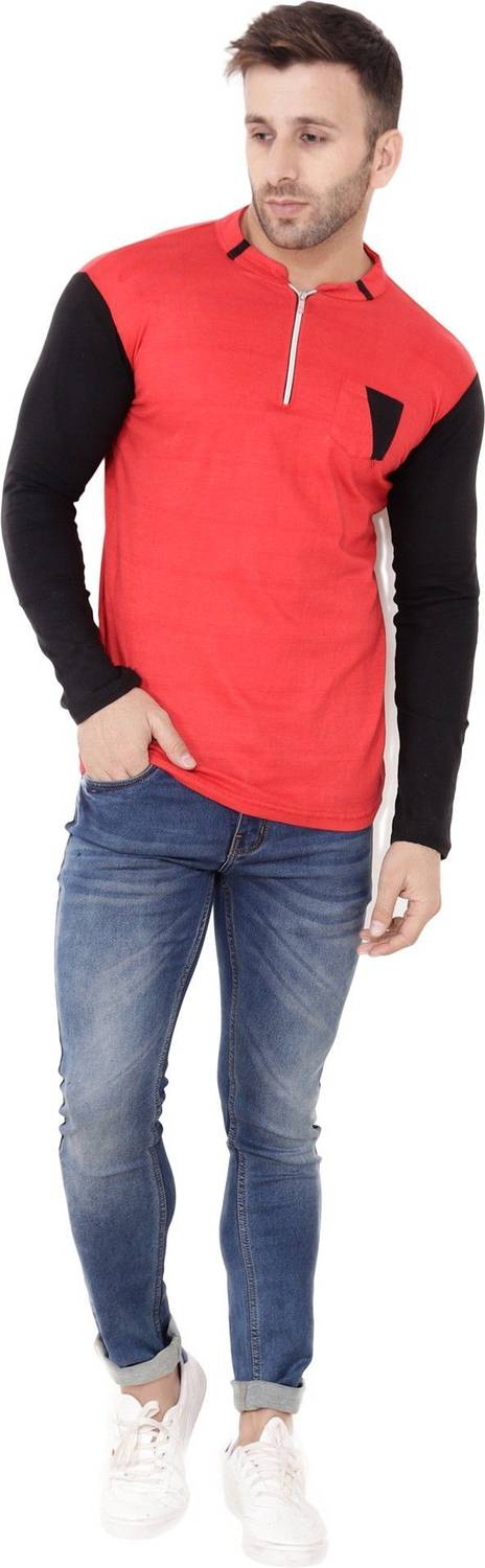 Teacherfab Self Design Men Mandarin Collar Red T-Shirt