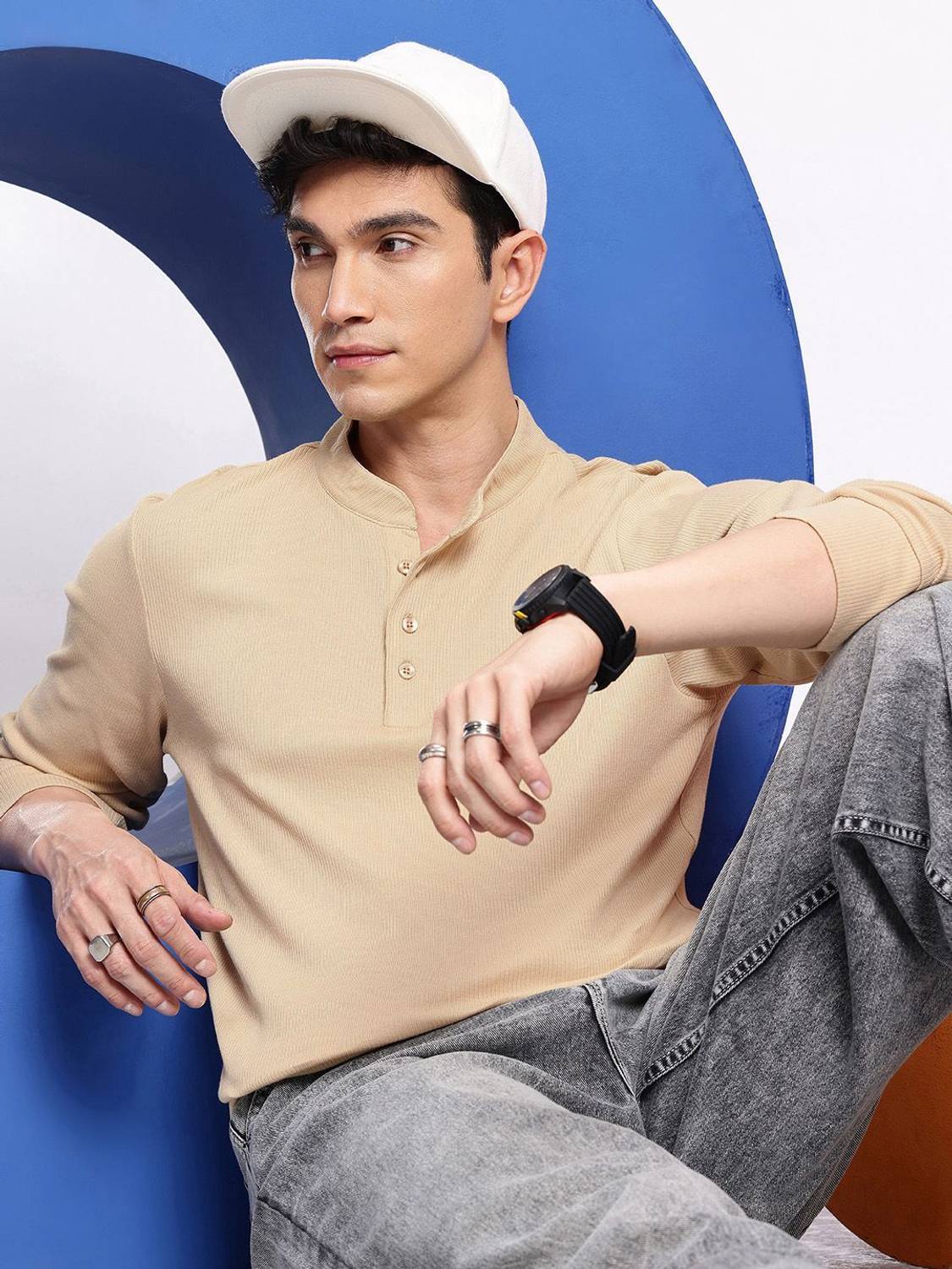 AEROPOSTALE Solid Men Mandarin Collar Beige T-Shirt