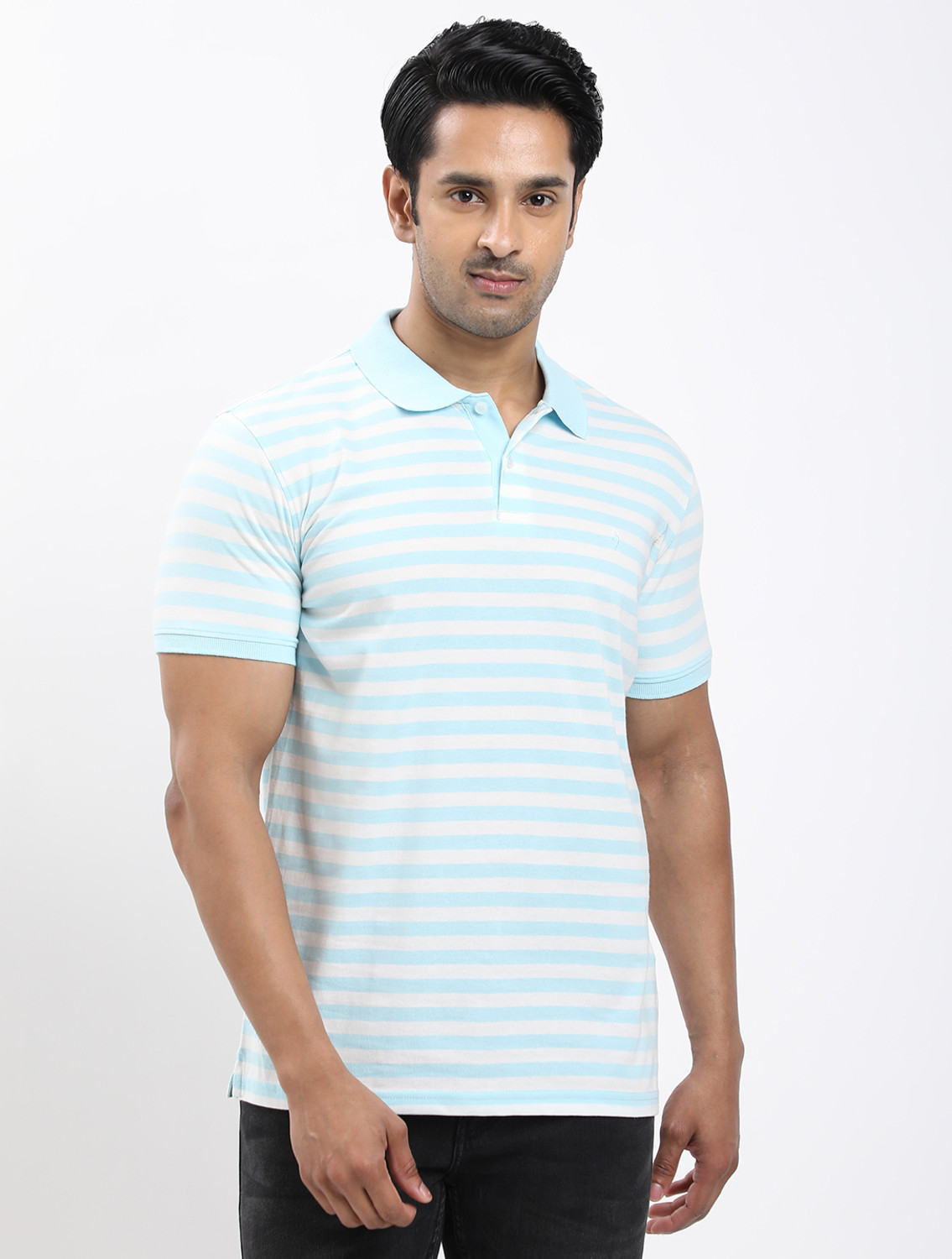 Image of INDIAN TERRAIN Striped Men Polo Neck Blue T-Shirt