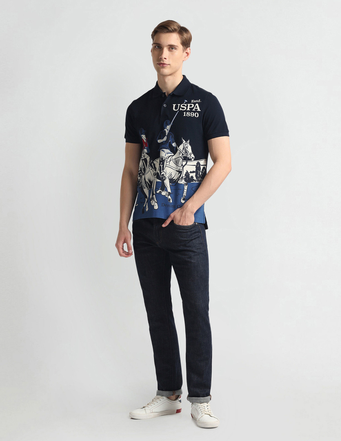 Image of U.S. POLO ASSN. Printed Men Polo Neck Blue T-Shirt