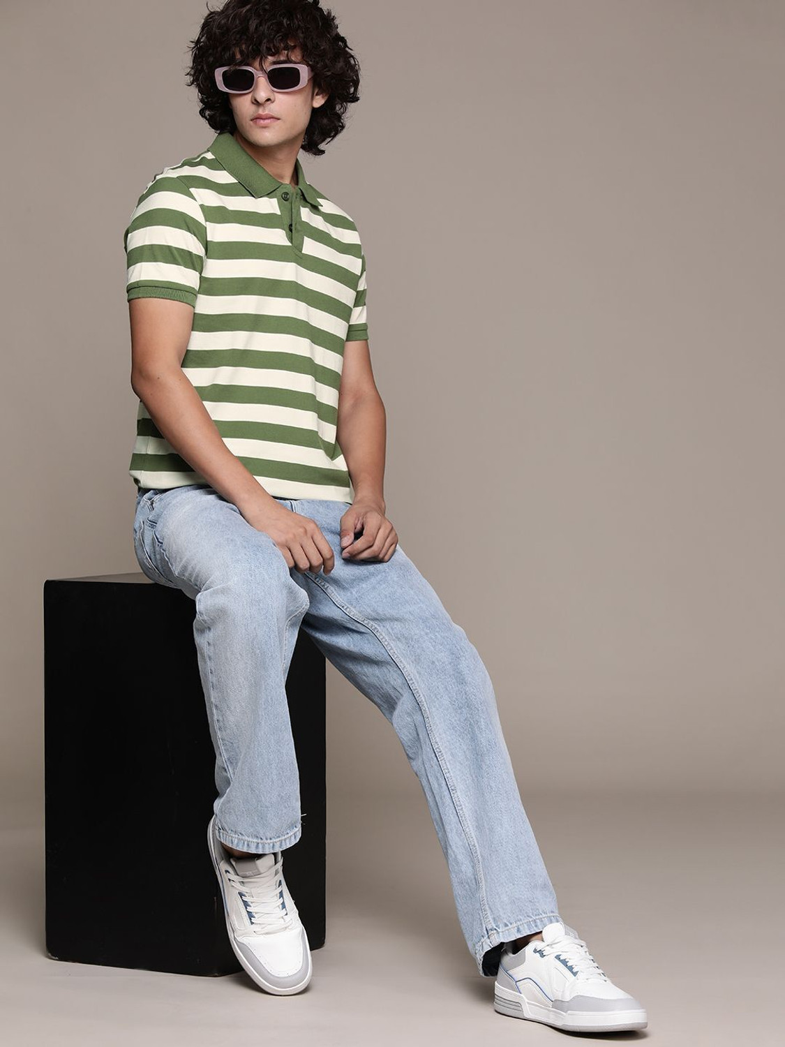 Image of Roadster Striped Men Polo Neck White T-Shirt
