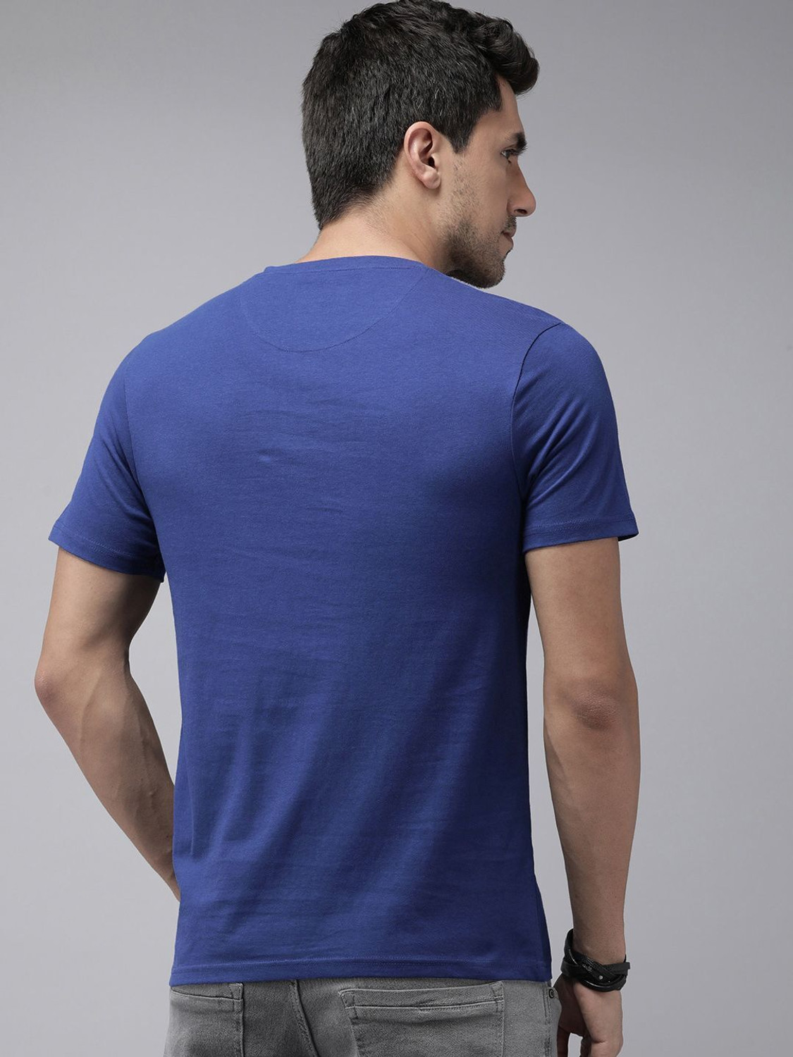 Image of Roadster Men Solid Henley Neck Pure Cotton Blue T-Shirt