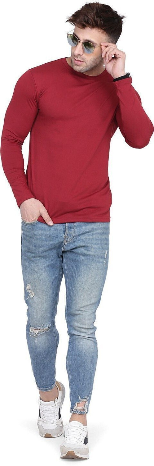 Image of New Trends Collection Solid Men Round Neck Maroon, Yellow T-Shirt