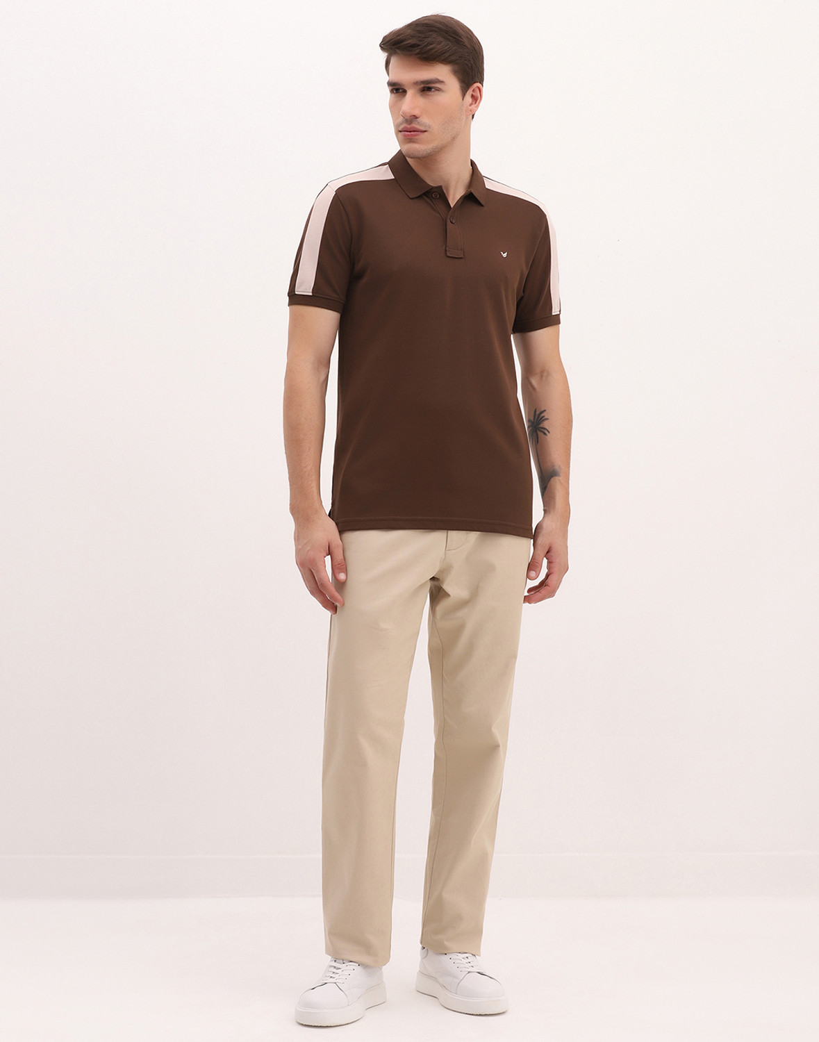 Image of Blackberrys Men Solid Polo Neck Cotton Blend Brown T-Shirt