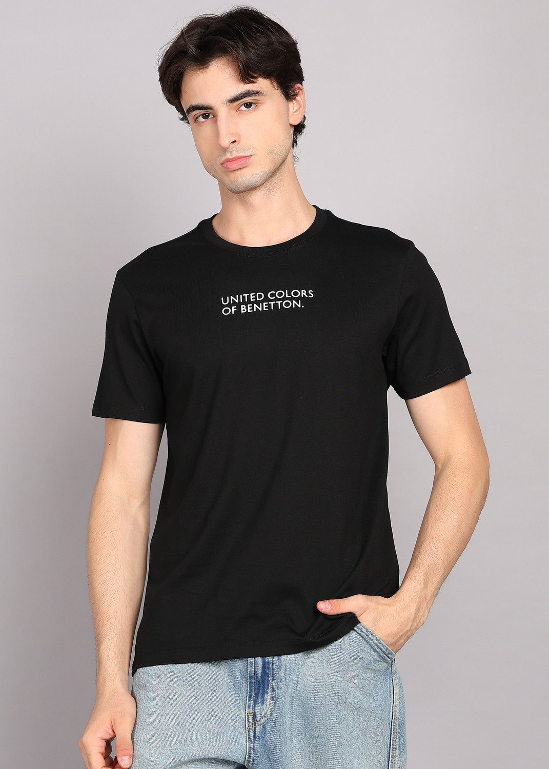 Image of United Colors of Benetton Printed Men Round Neck Black T-Shirt