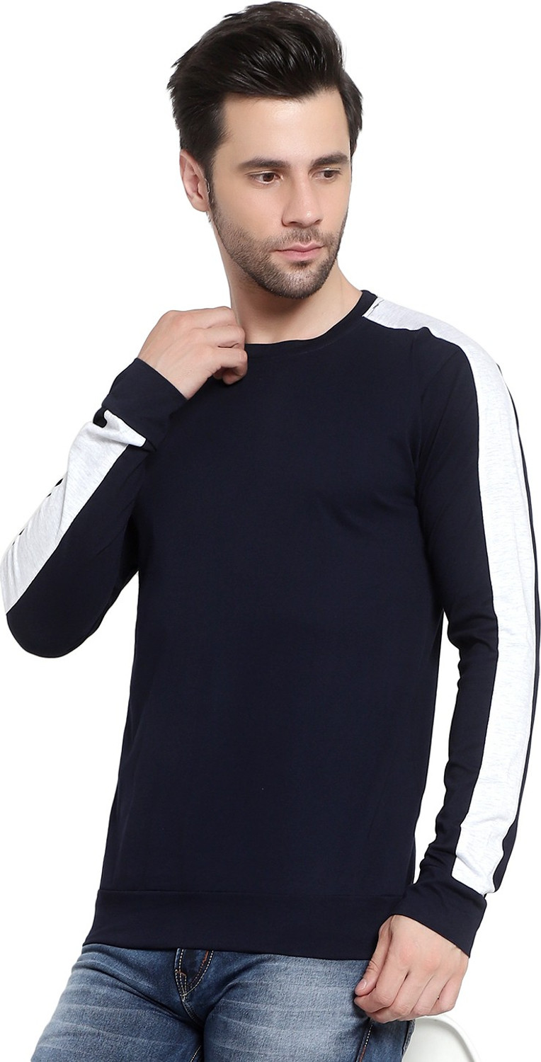Image of RAWKISH Colorblock Men Round Neck White, Navy Blue T-Shirt