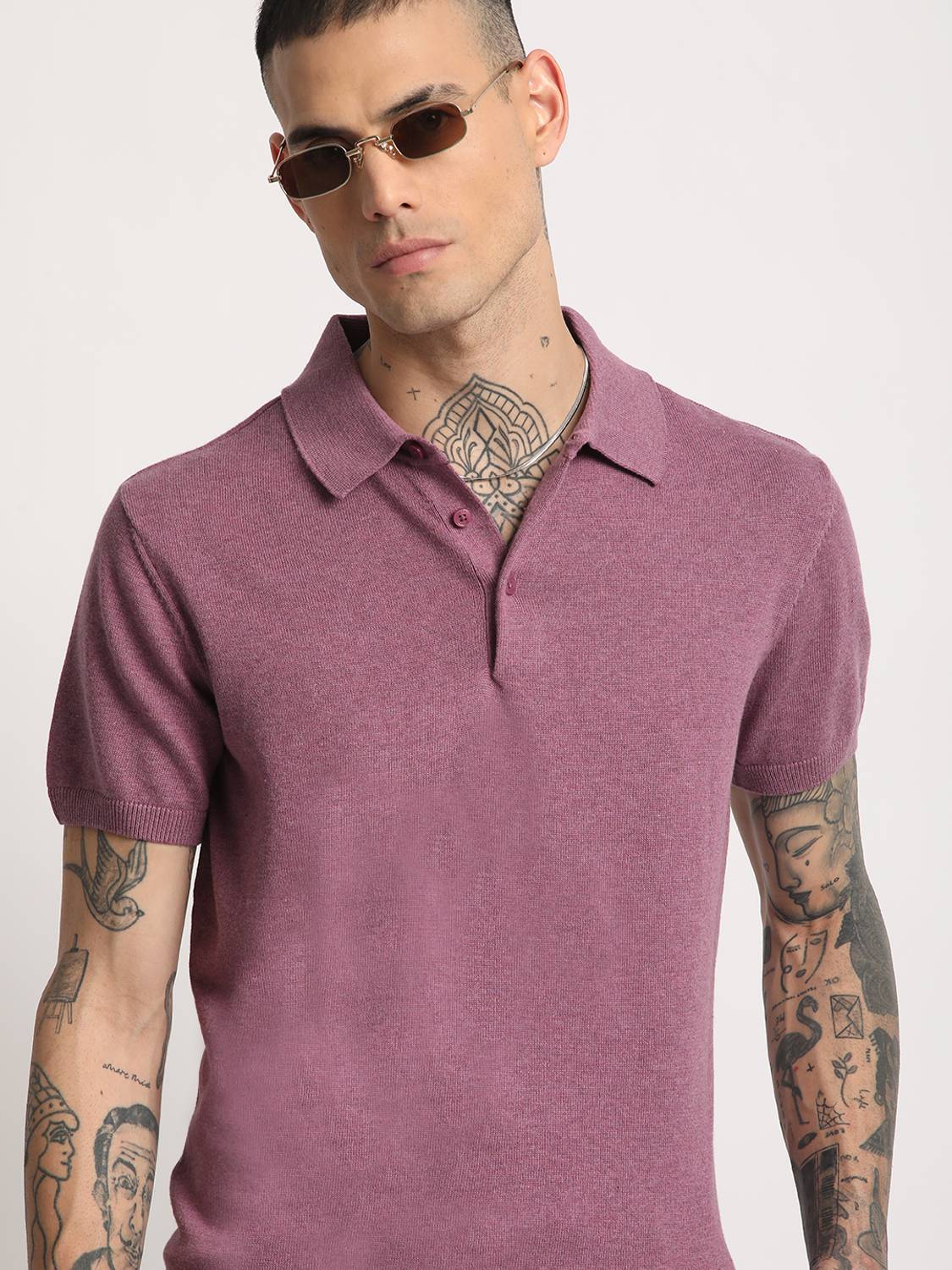 THE BEAR HOUSE Men Solid Polo Neck Pure Cotton Purple T-Shirt
