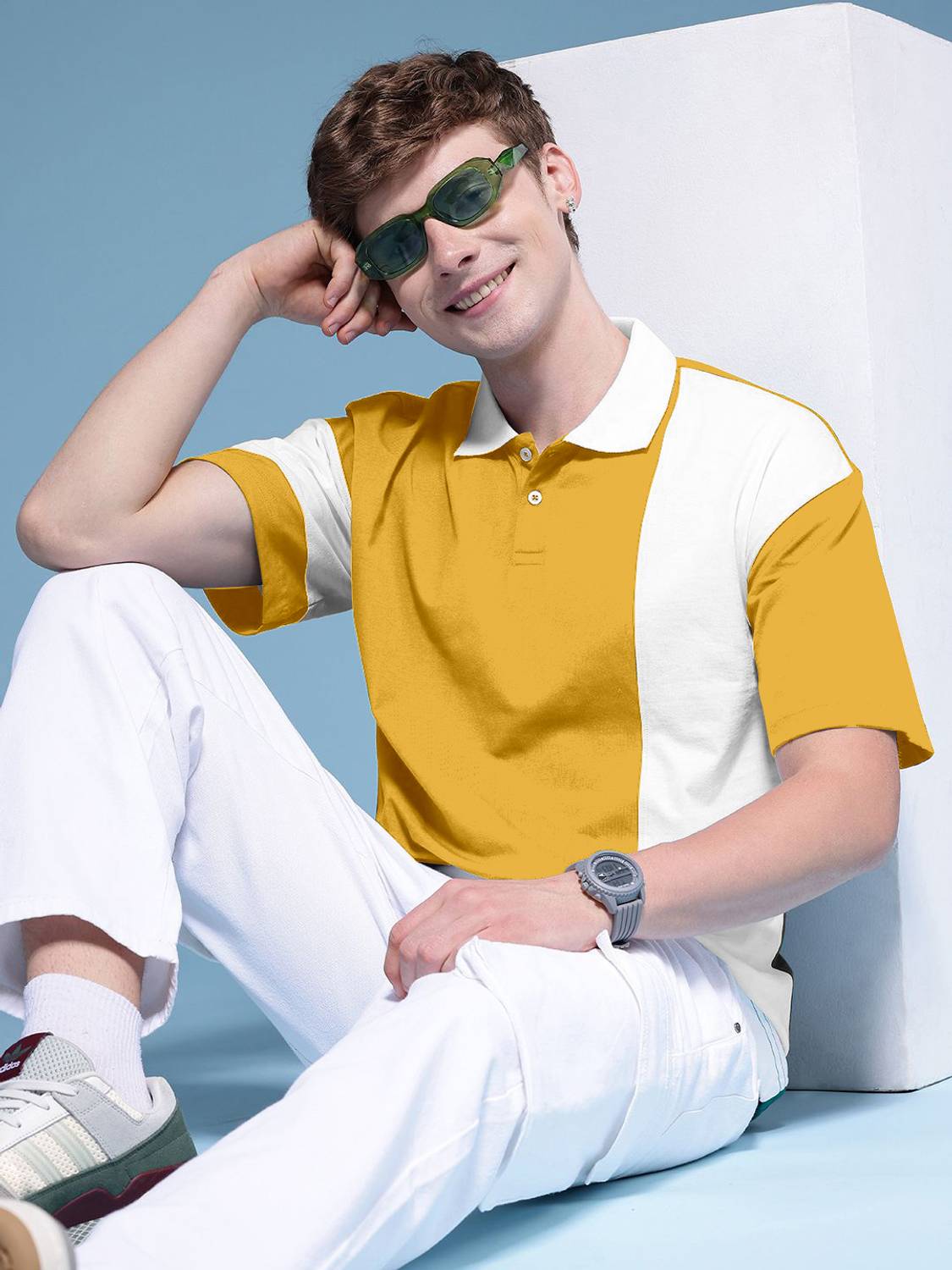 KHAHURIYO Men Colorblock Polo Neck Pure Cotton Light Green T-Shir