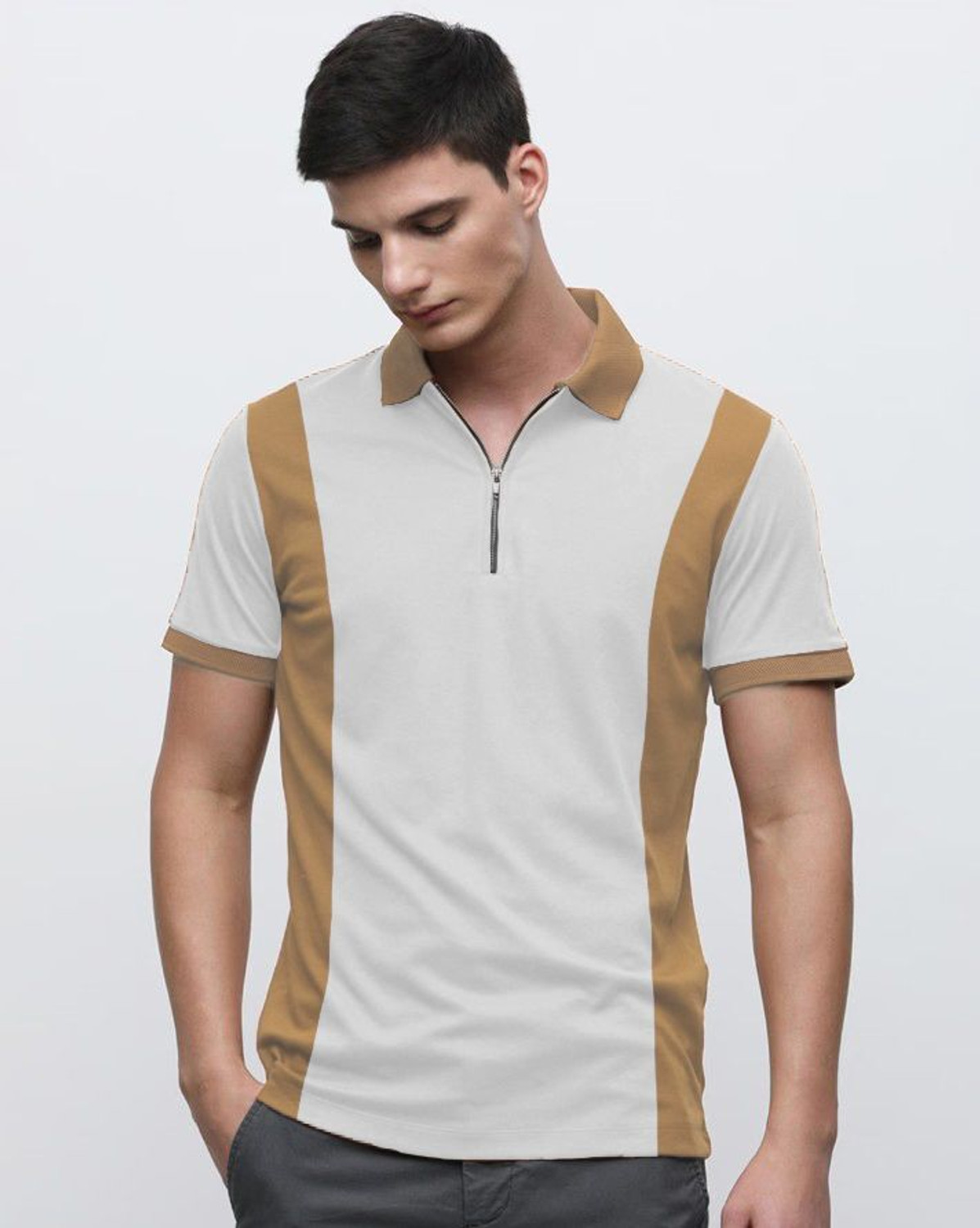 Image of Try This Colorblock Men Polo Neck White T-Shirt