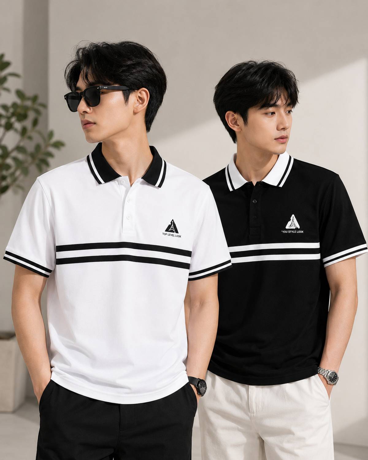Tshirt Men Polo Neck White, Black Striped Pack of 2 - Image 3
