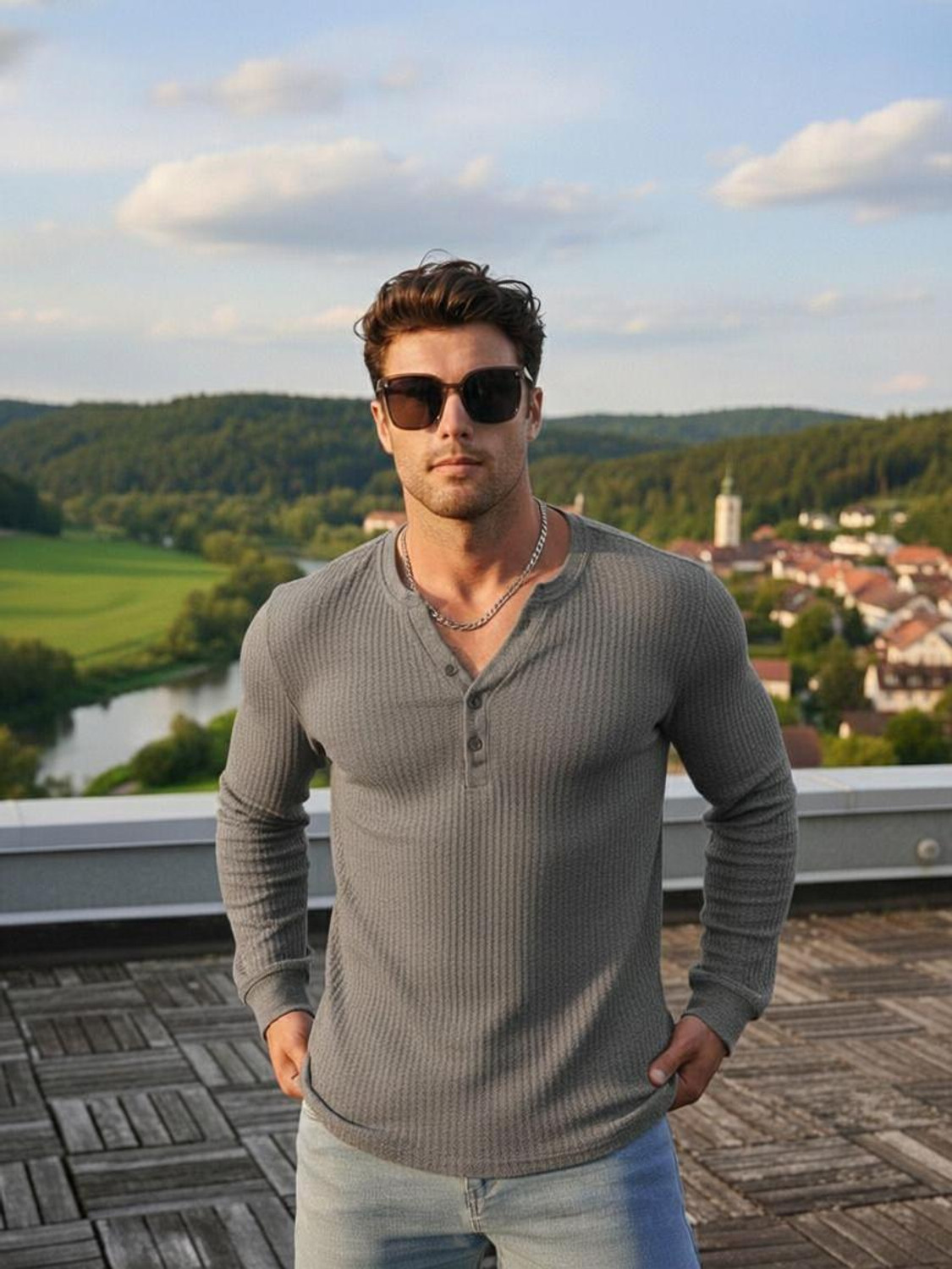 Image of Rufica Self Design Men Henley Neck Grey T-Shirt