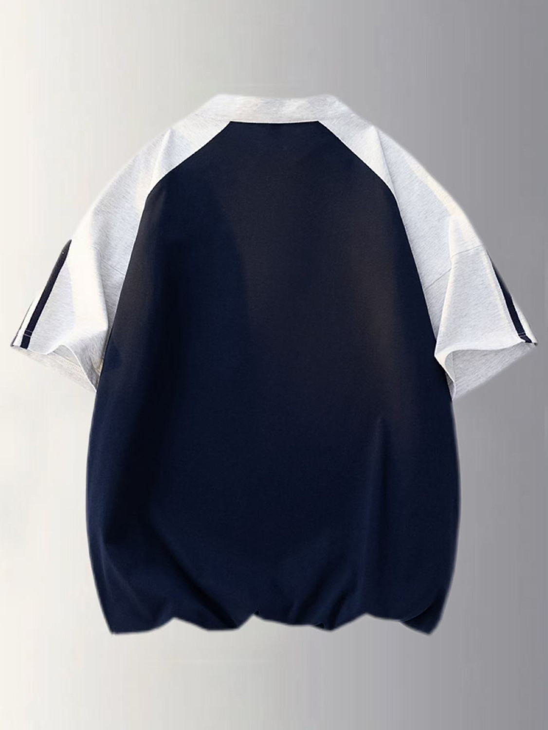 Image of JERKYN Colorblock, Striped Men Mandarin Collar Dark Blue T-Shirt