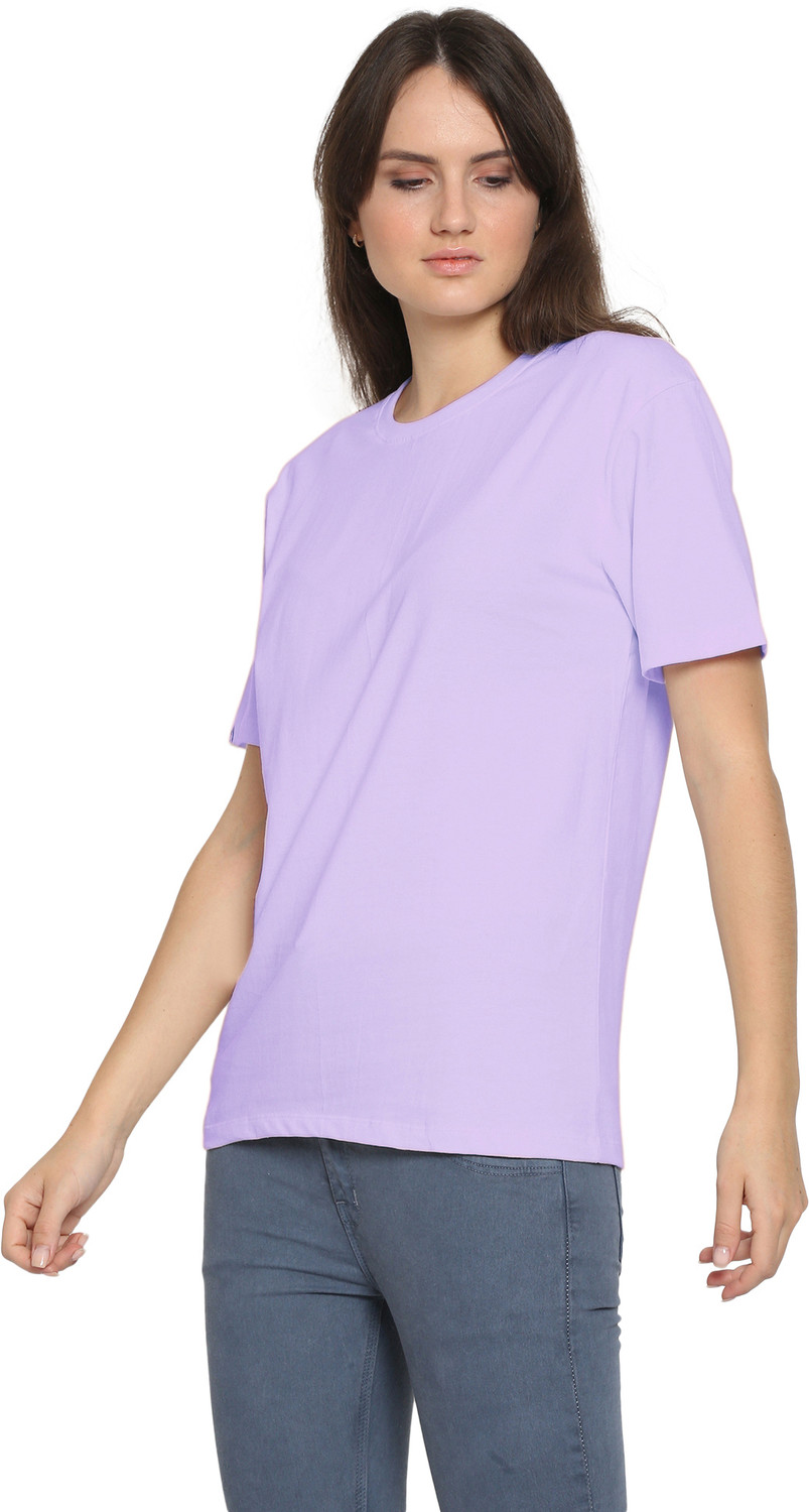 Image of YouthPoi Solid Women Round Neck Purple T-Shirt