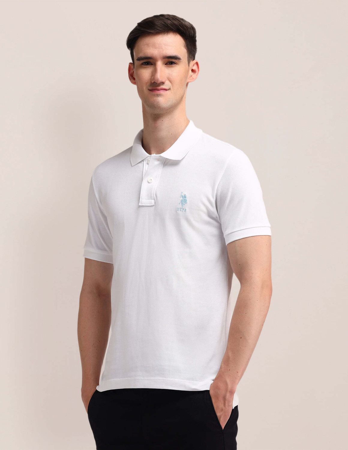 Image of U.S. POLO ASSN. Men Solid Polo Neck Pure Cotton White T-Shirt