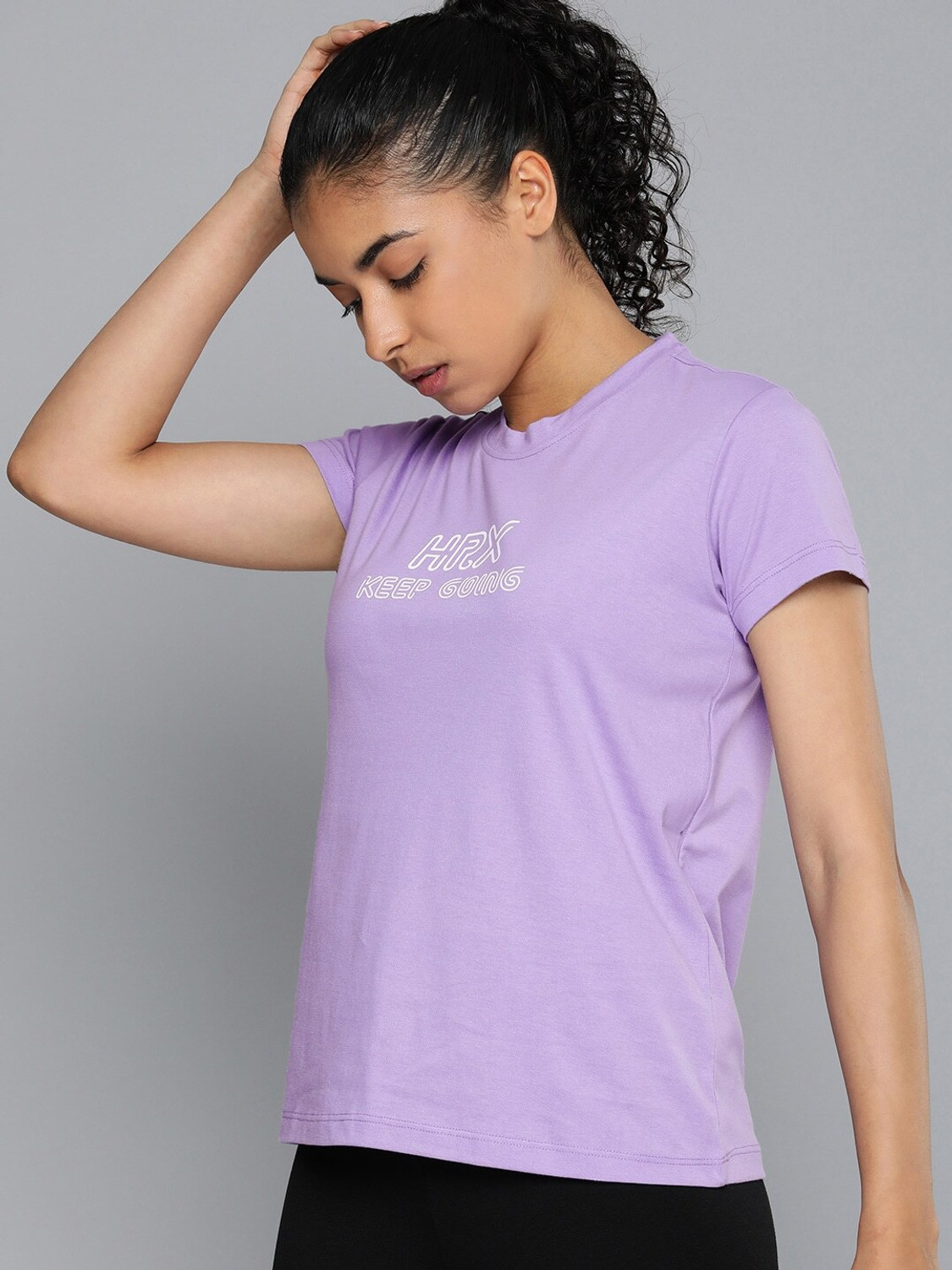 Image of HRX by Hrithik Roshan Printed Women Round Neck Purple T-Shirt