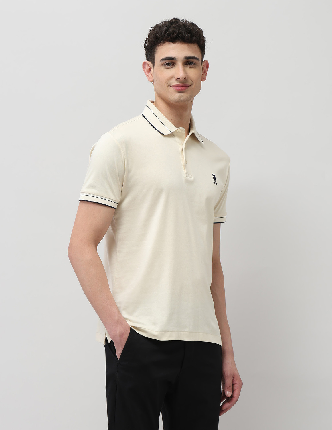 Image of U.S. POLO ASSN. Solid Men Polo Neck Beige T-Shirt