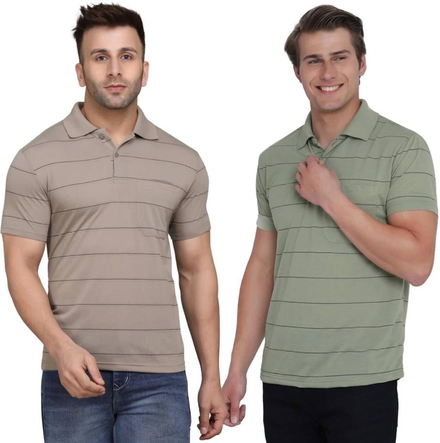 INKKR Pack of 2 Men Striped Polo Neck Cotton Blend Multicolor T-S