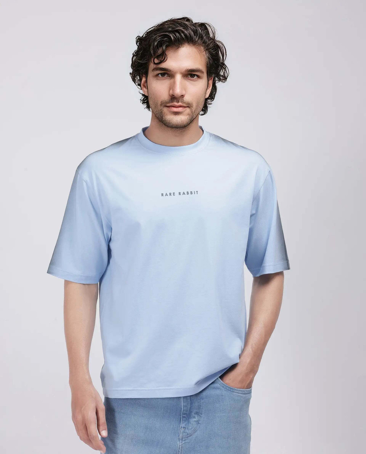 Image of RARE RABBIT Typography Men Crew Neck Blue T-Shirt