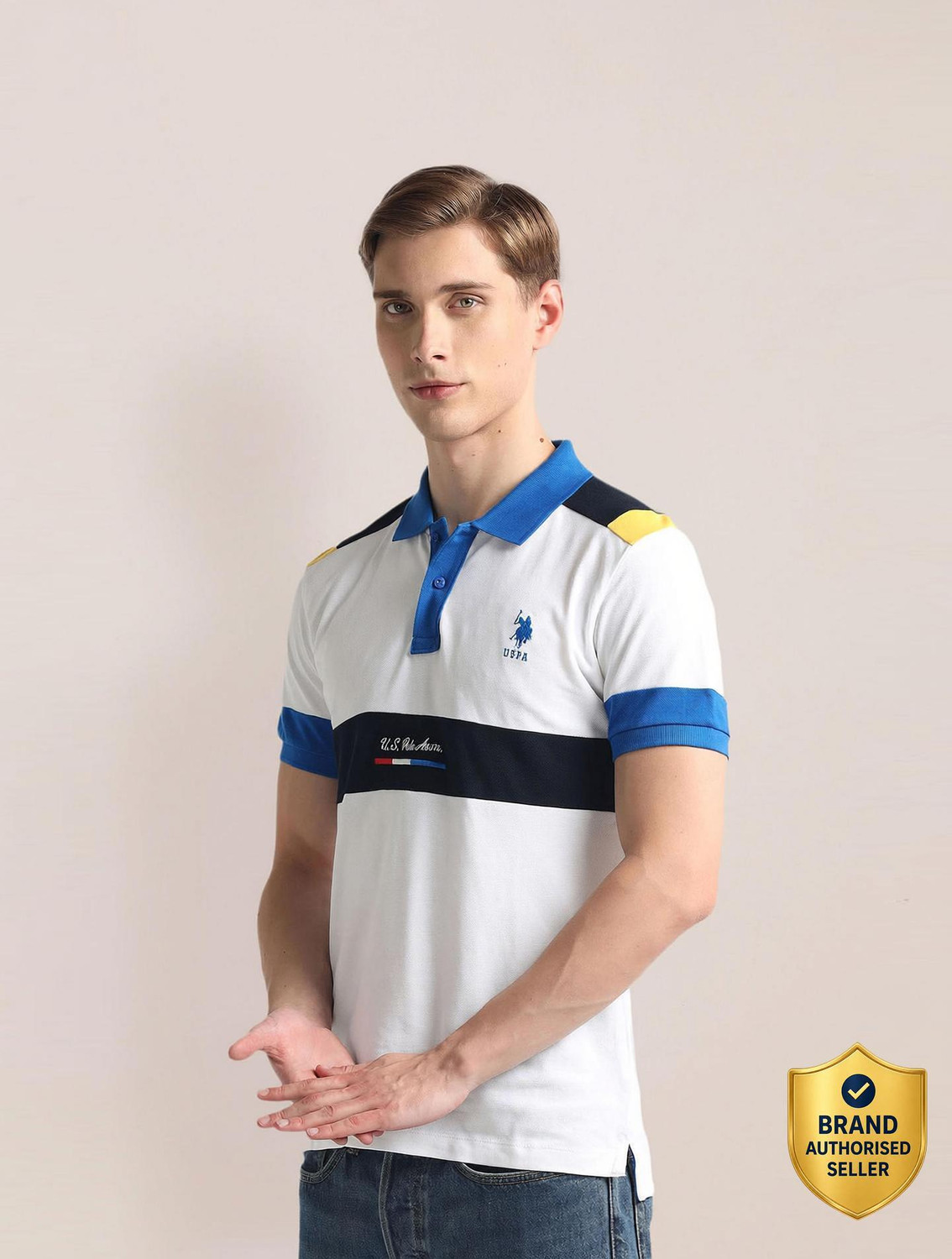 Image of U.S. POLO ASSN. Colorblock Men Polo Neck White T-Shirt