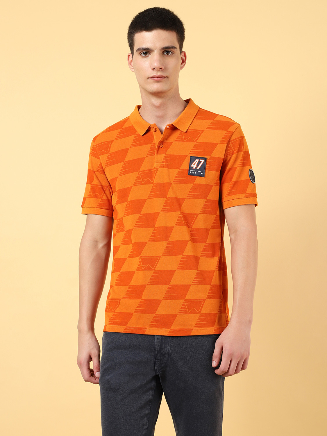 Image of Wrangler Printed Men Polo Neck Orange T-Shirt