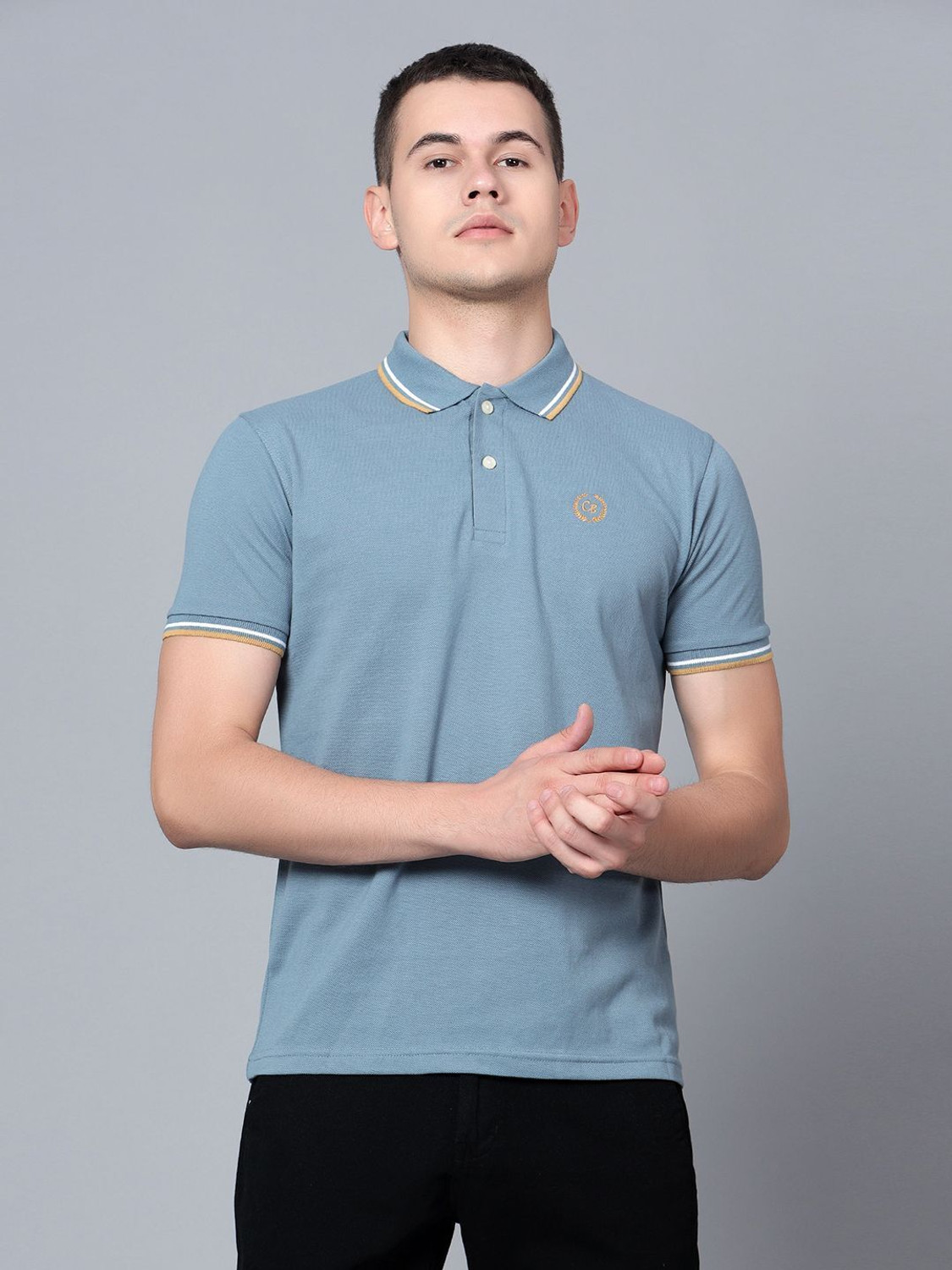 Image of CANTABIL Solid Men Polo Neck Blue T-Shirt